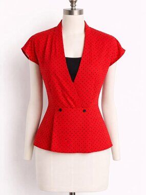 Chaus Red Black Polka Dot Blouse Size 10 Deep V Button Front Elastic Waist Sz 10
